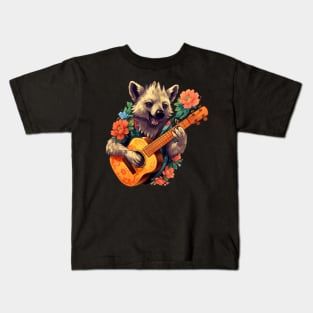 Cute Cottagecore Aesthetic Hyena Guitar Floral Kids T-Shirt